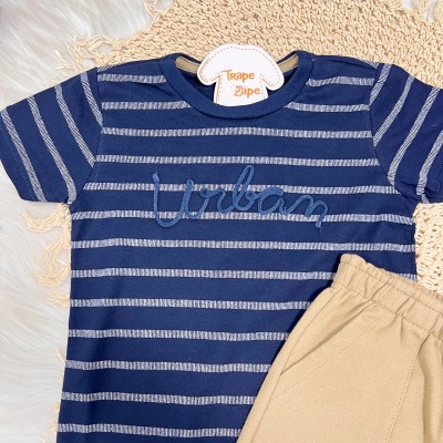 Conj. Camiseta Urban Listrada e Bermuda - Marinho e Marrom